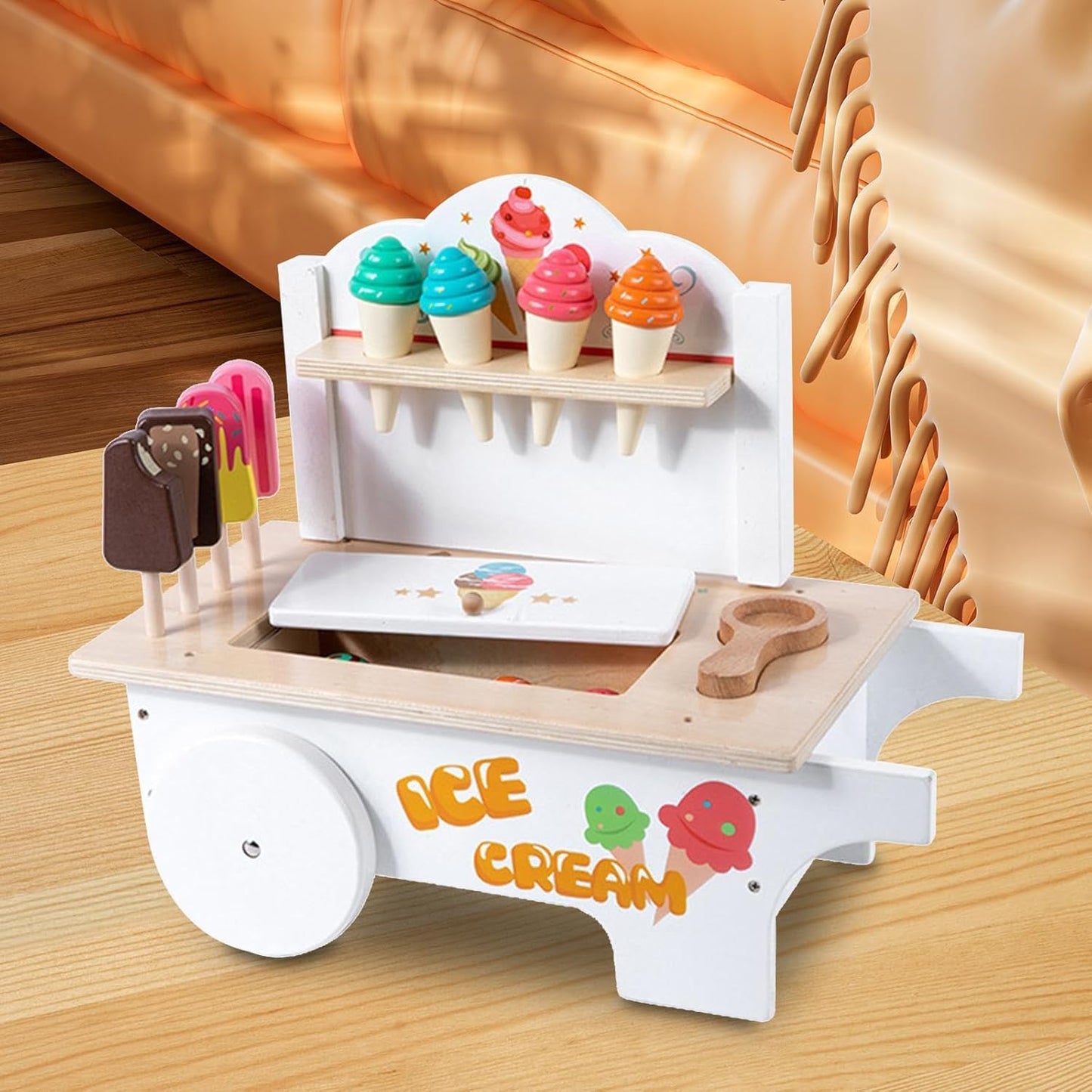 Wooden Ice Cream Cart Toy for Kids with Popsicles & Accessories – Pretend Play & Role Play Activity Toy
