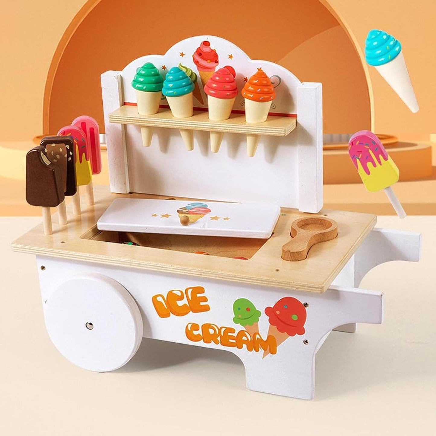 Wooden Ice Cream Cart Toy for Kids with Popsicles & Accessories – Pretend Play & Role Play Activity Toy