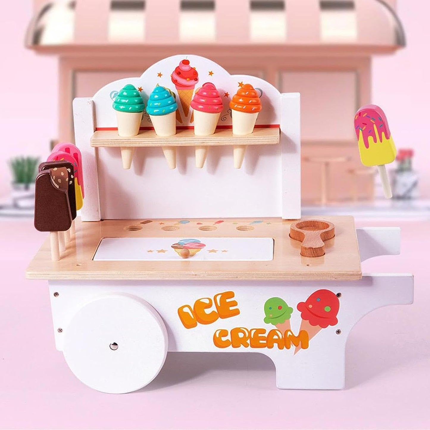 Wooden Ice Cream Cart Toy for Kids with Popsicles & Accessories – Pretend Play & Role Play Activity Toy