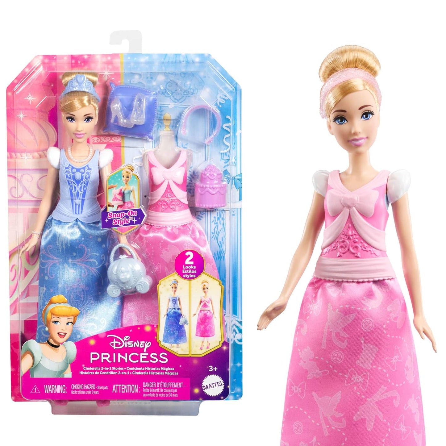 Disney Princess 2-in-1 Stories Cinderella Fashion Doll with 2 Snap-On Bodices, 2 Skirts & 9 Accessories JCR95