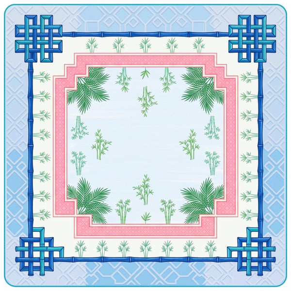 Azure Bamboo Grove mahjong mat design with blue bamboo lattice border