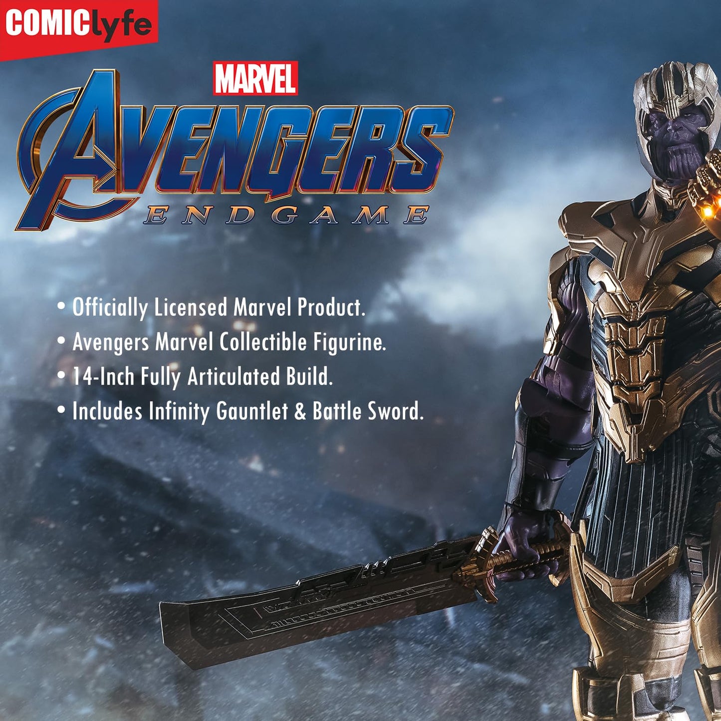 Marvel Thanos 14 Inch Superhero Action Figure Toy with Double-Edged Sword & Infinity Gauntlet | Avengers Marvel Collectible Figurine by Comiclyfe | Fully Articulated ABS + PV Material