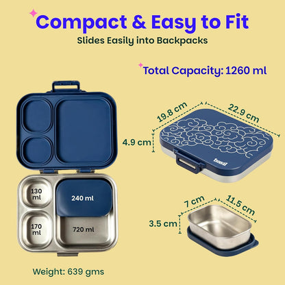 Basil Bento Box Quad Plus – 3+1 Compartment Stainless Steel Lunch Box, 1020 ml | Midnight Sora