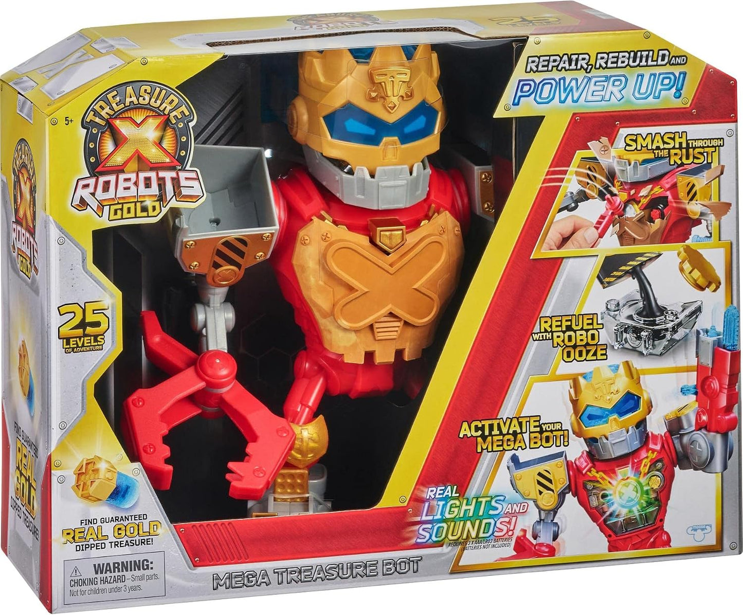 REASURE X Robots Gold Mega Treasure Bot Robot with Lights and Sounds; 25 Exciting Adventure Levels and Guaranteed Included Treasure with Real Gold Plating.