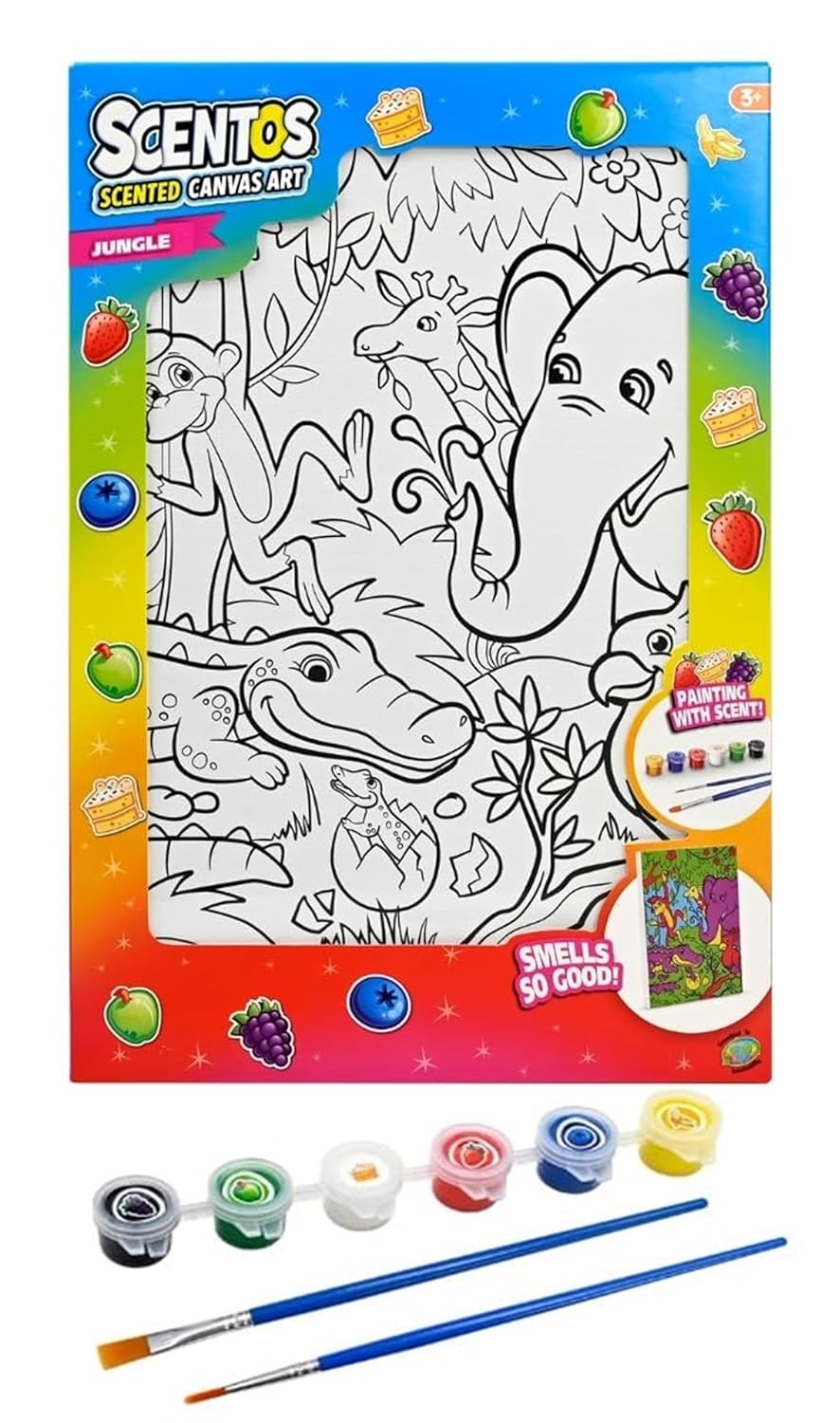 Scentos Canvas Paint Creations Jungle by Fratelli | Pre-Printed Sea Life Theme Canvas Picture, 6 Deliciously Fruity-Scented Paint pots and 2 Brushes(PACK OF 12)