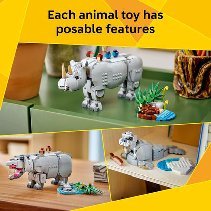 LEGO Creator 3 in 1 Wild Animals: Majestic Rhino with Birds Pretend Play Toy for Kids 31171