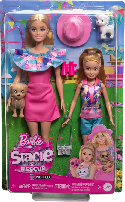 Barbie & Stacie Doll Set with 2 Pet Dogs & Accessories, Dolls with Blonde Hair & Blue Eyes, Summer Clothes HRM09