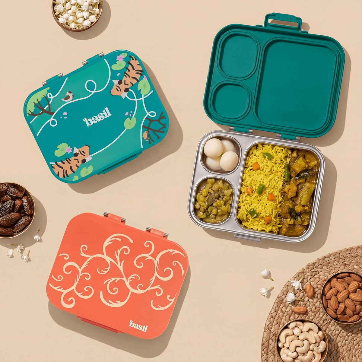 Basil Bento Box Quad Plus 3+1 Compartment Stainless Steel Lunch Box | Jaipuri Jaali