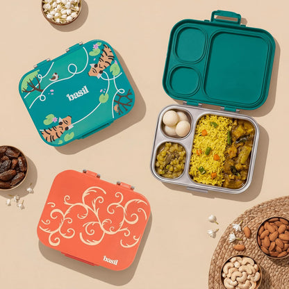 Basil Bento Box Quad Plus 3+1 Compartment Stainless Steel Lunch Box | Jaipuri Jaali
