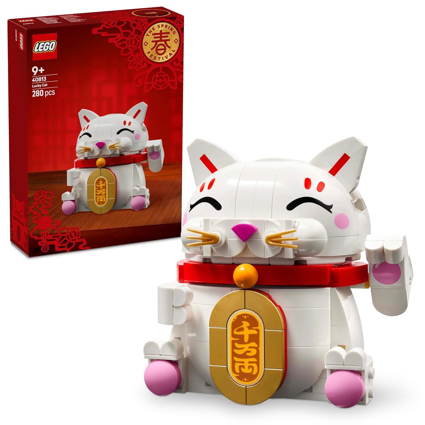 LEGO Lucky Cat Good Luck Decor Piece Building Kit with Beckoning Paw Figurine 40813
