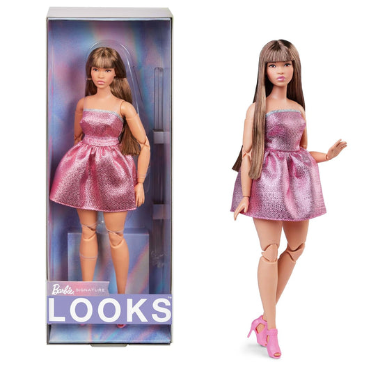 Barbie Looks Doll, Collectable Figure #24 with Brown Hair and Modern Y2K Fashion, Shimmering Strapless Dress with Peep Toe High Heels