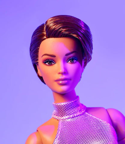 Barbie Looks Doll, Collectible No. 22 with Pixie Cut and Modern Y2K Fashion, Sequined Pink Halter Jumpsuit with Silver Heels