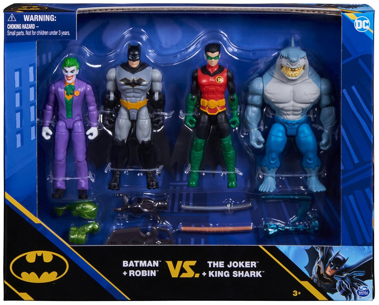 DC Comics, Batman and Robin vs The Joker and King Shark, 10 cm Action Figures