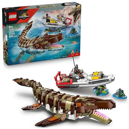 LEGO Jurassic World Brick-Built Mosasaurus Boat Mission Toy Dinosaur Set 76974
