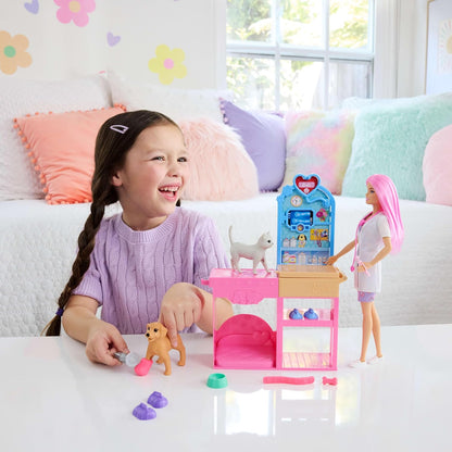 Barbie Fast Cast Veterinarian Clinic Playset with Pink Colored Hair Fashion Doll, Vet Furniture & 10+ Accessories Including Molds & Dough for Bandages JFX93