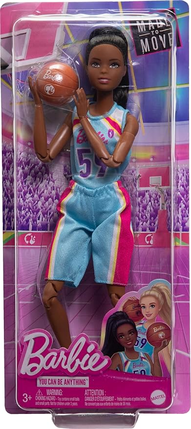 Barbie Made to Move Doll & Accessories, Brunette Basketball Player Wearing Removable Uniform with Ball, 22 Bendable Joints
