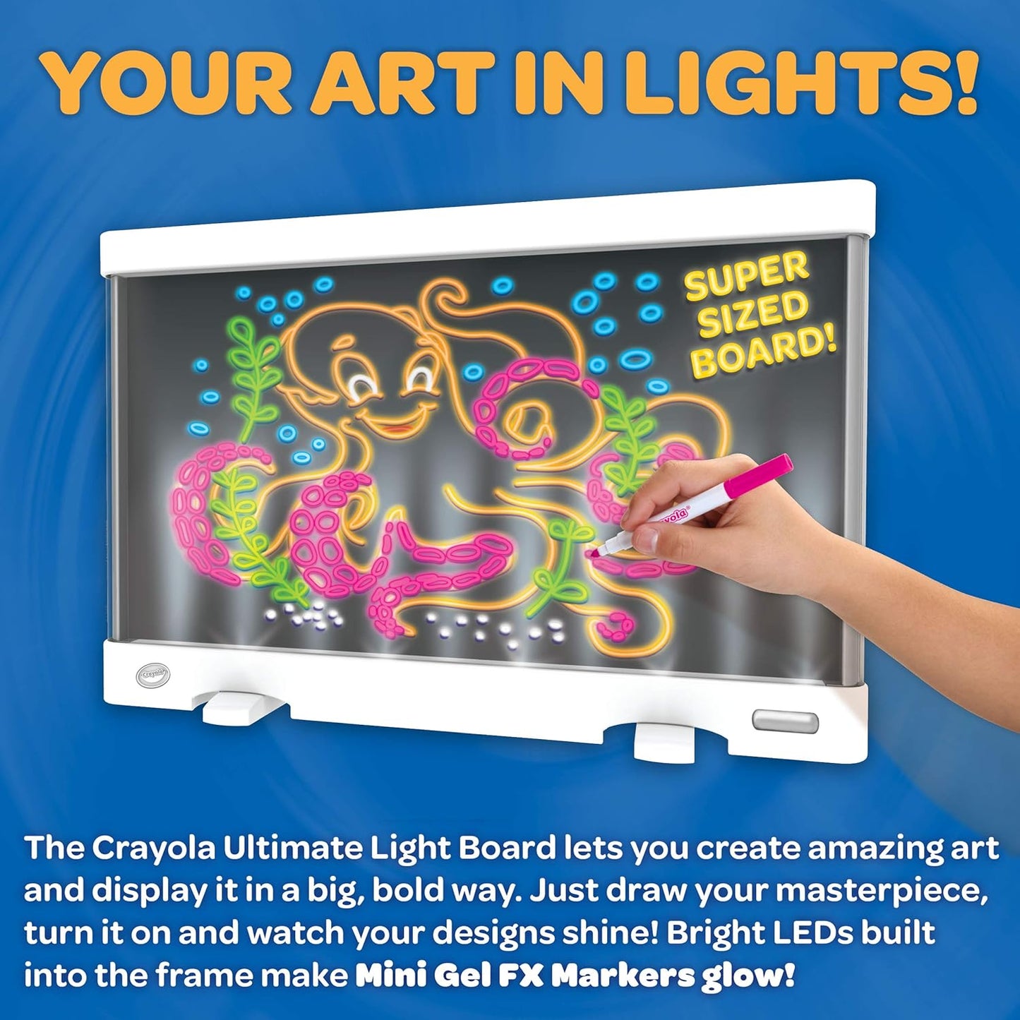 Crayola LED Drawing Board for Kids, Light-Up Drawing Tablet with Washable Gel Markers, Removable Tracing Pad, Reusable Wipe-Clean Surface, Portable Creative Art Supplies for Drawing Fun, 6+ Years