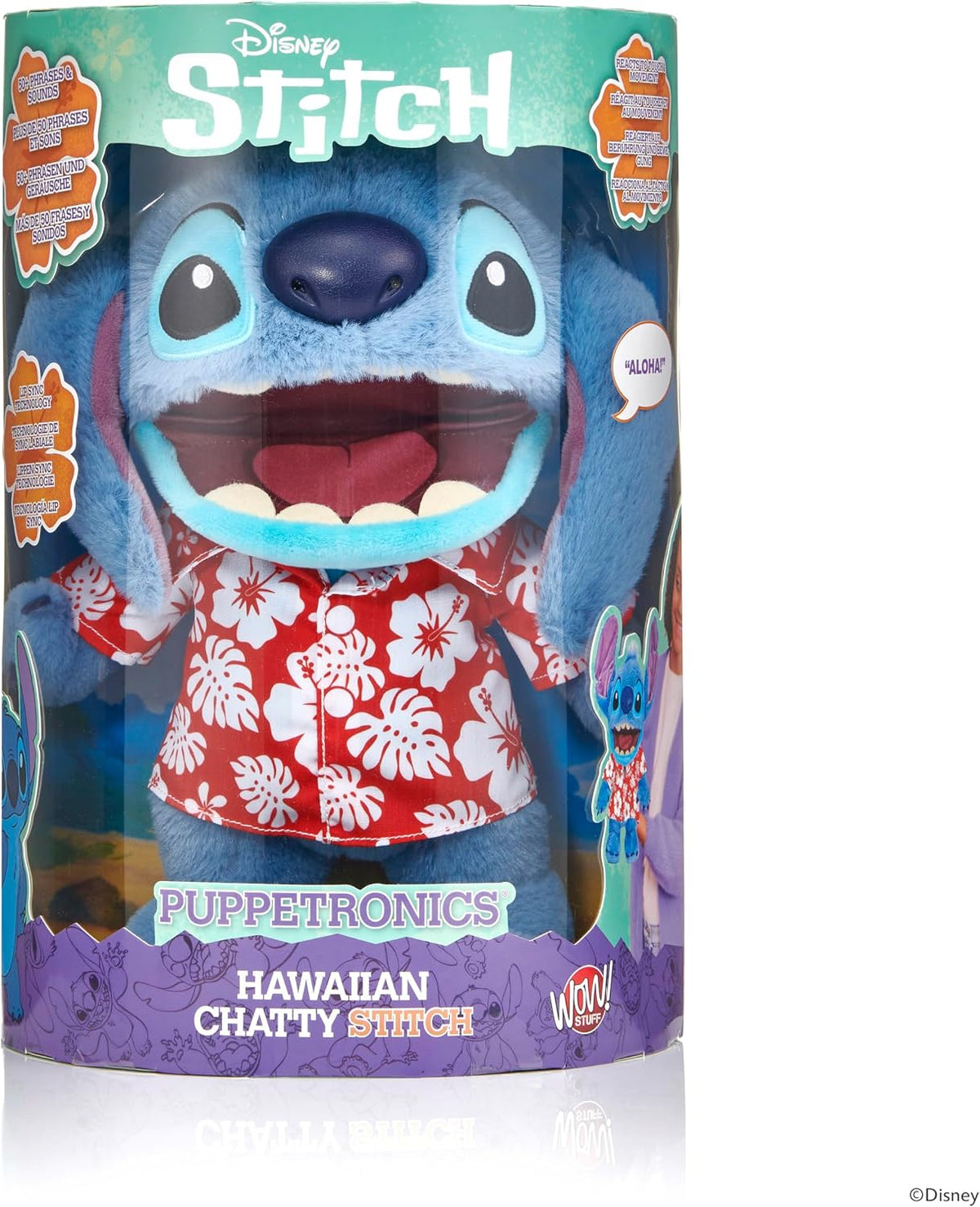 WOW! Stuff Disney Hawaiian Chatty Stitch Deluxe Puppetronic – Interactive Talking Plush Puppet, 50+ Sounds & Actions