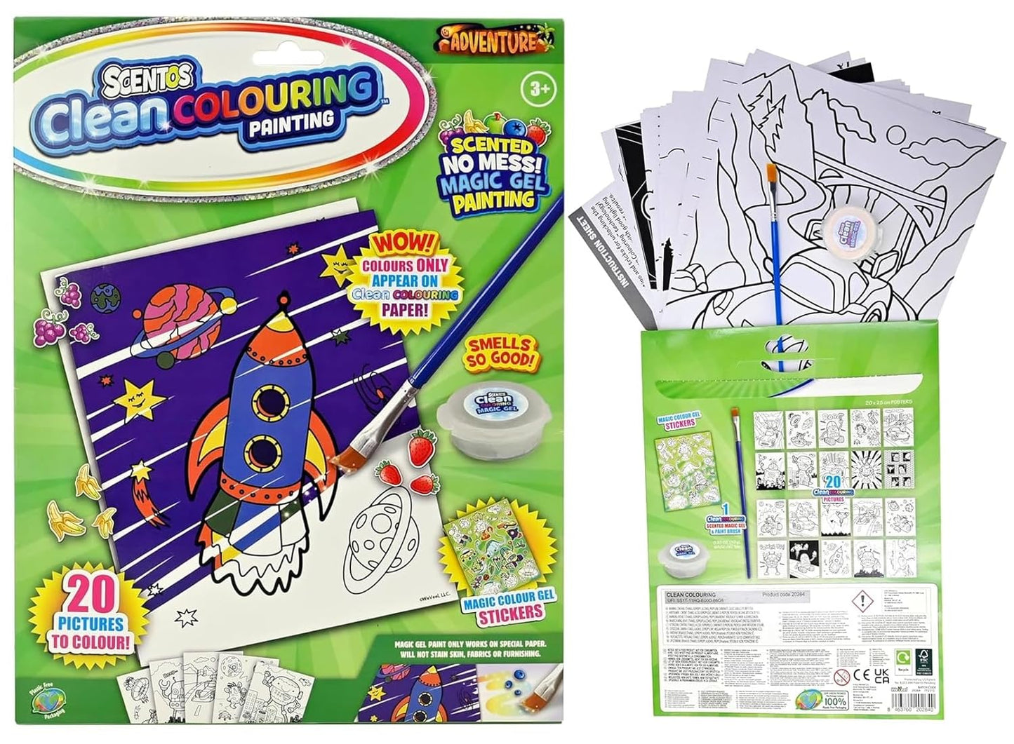 Scentos CleanColouring™ Magic Gel Painting Adventure Set By Fratelli |20 pictures to color, Colour Reveal Stickers Magic Gel Paint and Magic Gel Paint Brush with no mess(PACK OF 12)