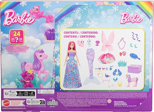 Barbie Advent Calendar with Doll & 24 Surprise Accessories Including Unicorn & 3 Pets, Transform Pink-Haired Fashion Doll into Mermaid, Fairy & More