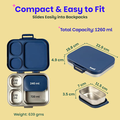 Basil Bento Box Quad Plus – 3+1 Compartment Stainless Steel Lunch Box, 1260 ml | Indigo Zen