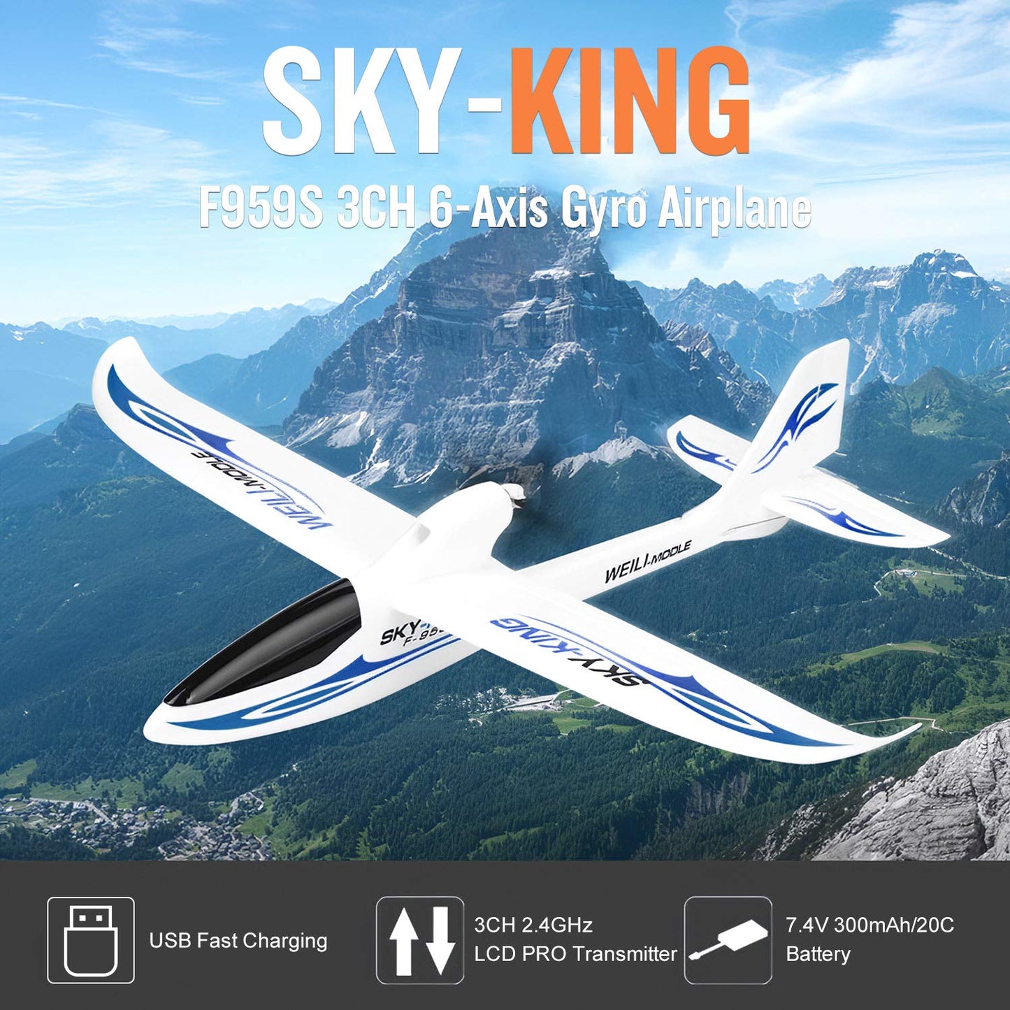 GoolRC 3CH RC Airplane Sky-King RC Plane Fighter Toys,2.4GHz 6-axis Gyro Stabilizer RTF Glider Aircraft Plane,Easy to Fly for Adults Beginners s Blue