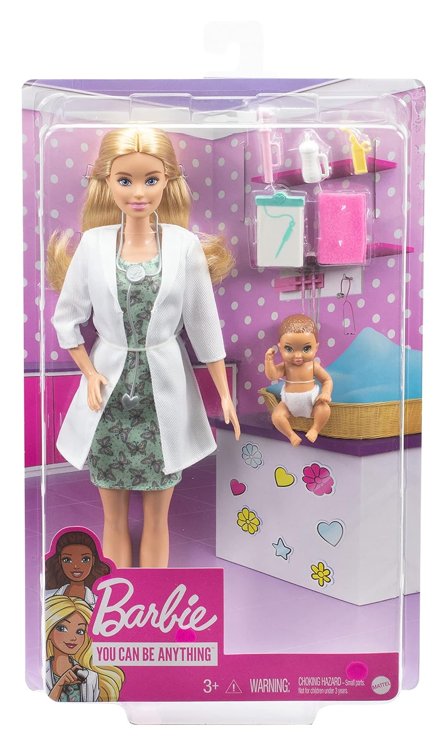 Barbie® Baby Doctor Playset with Blonde Doll (12-in/30.40-cm), Infant Doll, Stethoscope, Thermometer, Oscilloscope, Chart, Blanket & Baby Bottle, Great Gift for Ages 3 Years Old & Up GVK03