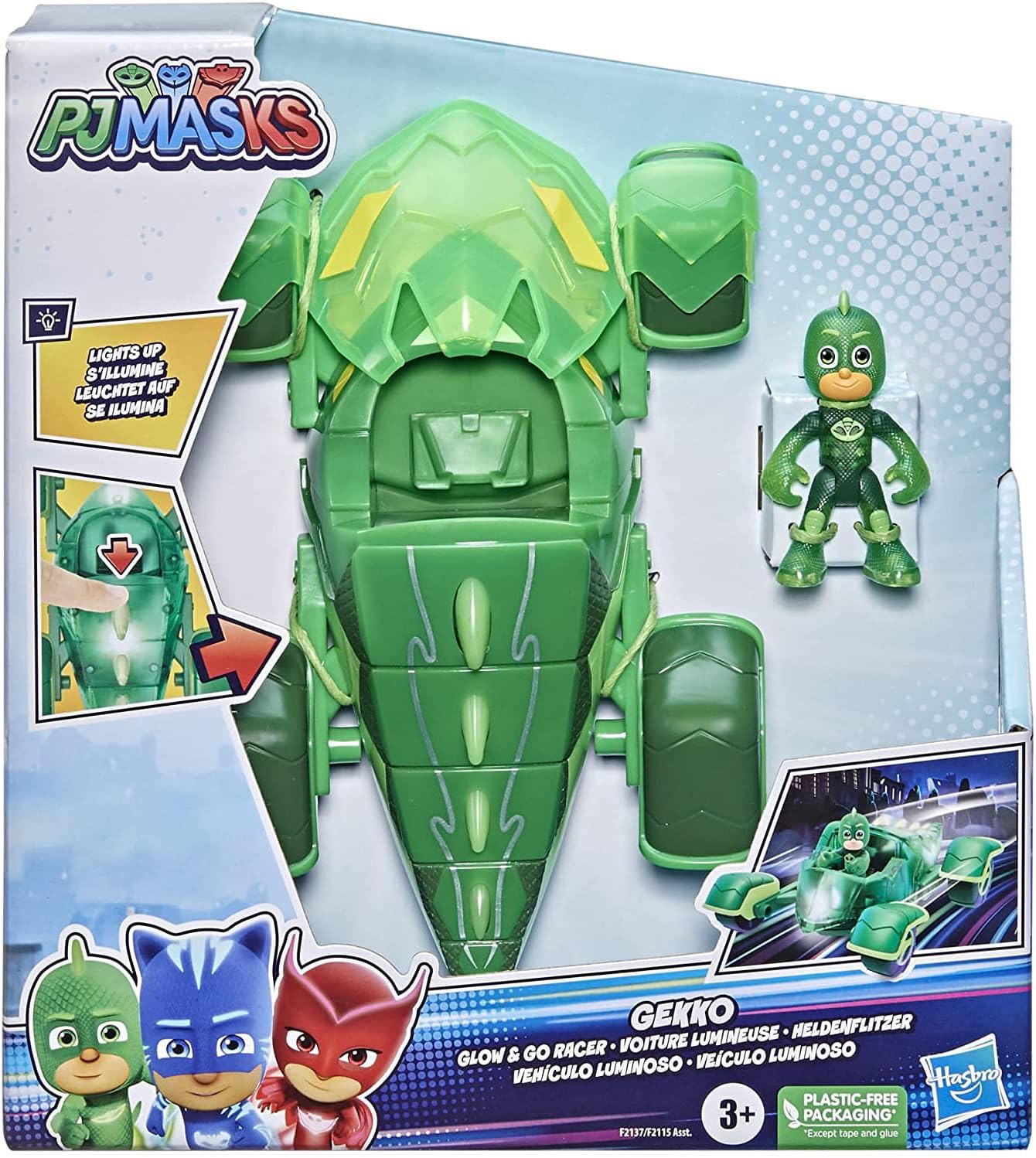 PJ Masks Glow & Go Gekko-Mobile Preschool Toy Vehicle, Gekko Car Light-Up Racer with Gekko Action Figure for Kids Ages 3 and Up