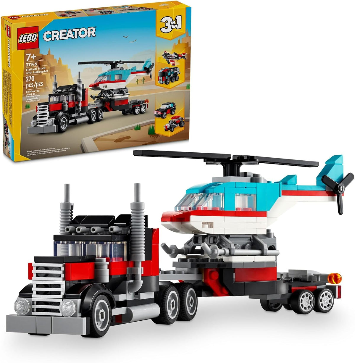 LEGO Creator 31146 Flatbed Truck with Helicopter 3-in-1 Vehicle Building Set, 270 Pieces, 7+
