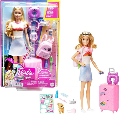 Barbie Doll and Accessories, “Malibu” Travel Set with Puppy and 10+ Pieces Including Working Suitcase HJY18