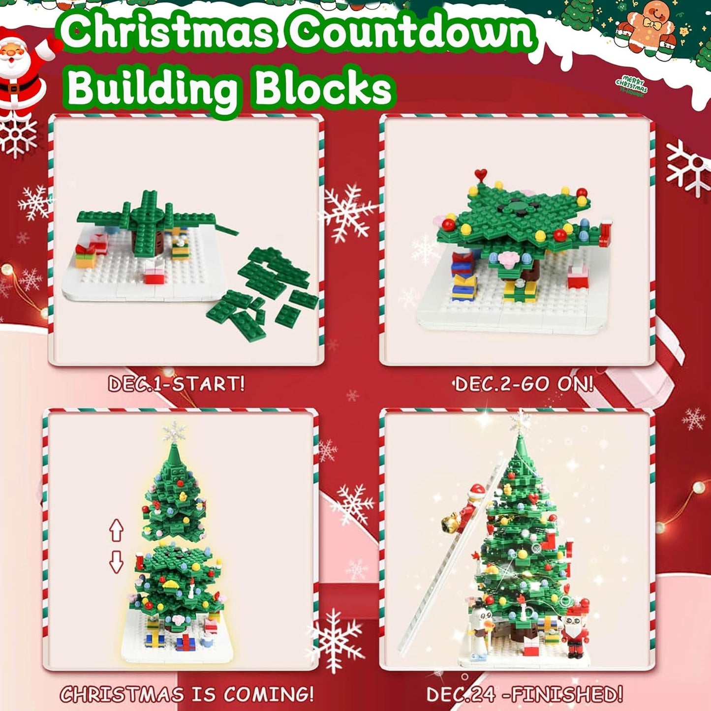 VEEKAY 2025 Advent Calendar with Christmas Tree Building Blocks, 779 Pieces, Christmas Tree, Mini Building Blocks, Christmas Countdown Calendar for Children's Gifts