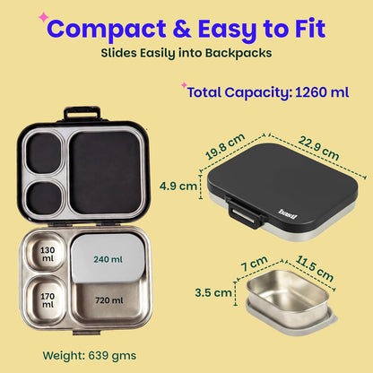 Basil Bento Box Quad Plus – 3+1 Compartment Stainless Steel Lunch Box, 1260 ml | Classic Black
