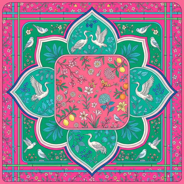 Pink Lotus Aviary mahjong mat design with cranes and floral medallion pattern