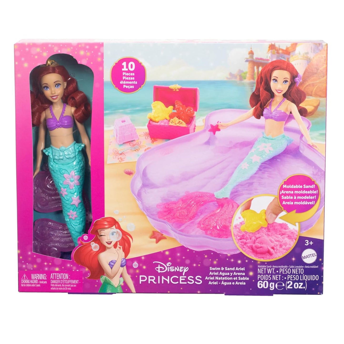 Mattel Disney Princess Ariel Mermaid Doll Playset & Pool Set with Moldable Sand, 3 Sand Molds, Beach Towel & 5 Accessories, Inspired by The Little Mermaid,Doll