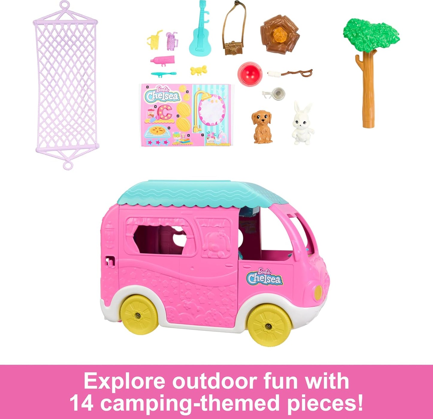 Barbie HNH90 2-in-1 Camping Car Model Chelsea Doll with Transformable Camp Vehicle, Includes 2 Animals and 15 Themed Accessories, Toy for Children Aged 3 Years and Above