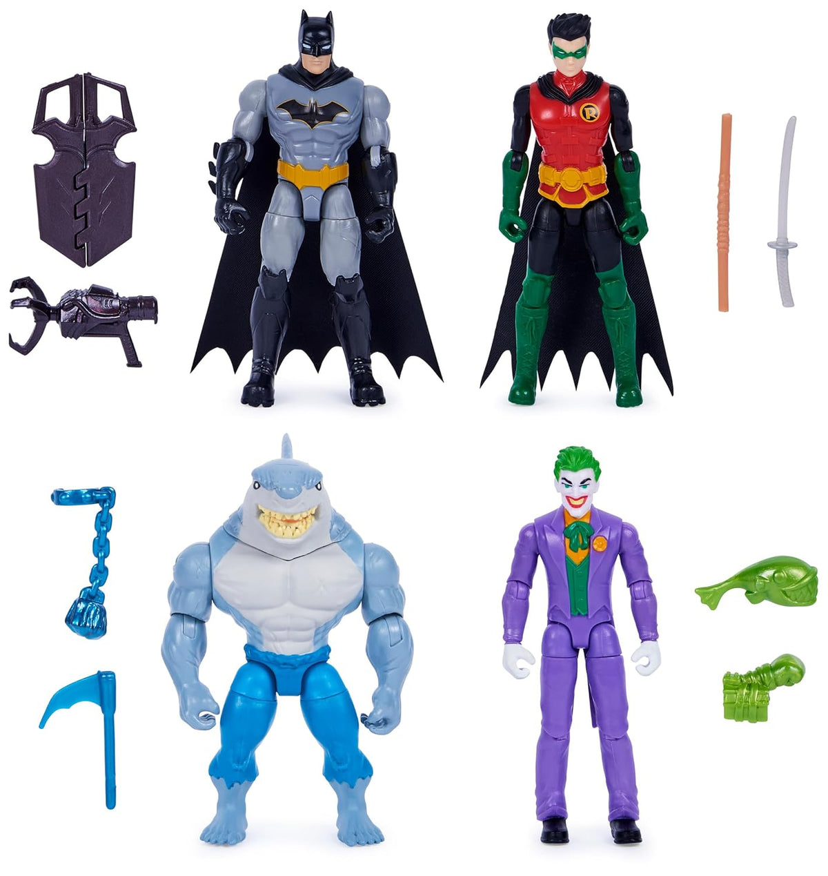 DC Comics, Batman and Robin vs The Joker and King Shark, 10 cm Action Figures