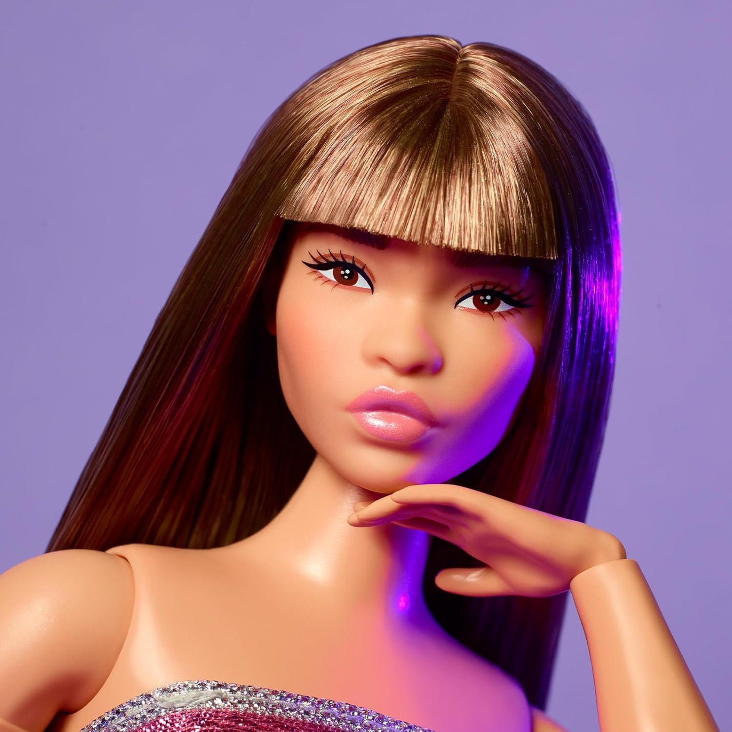 Barbie Looks Doll, Collectable Figure #24 with Brown Hair and Modern Y2K Fashion, Shimmering Strapless Dress with Peep Toe High Heels