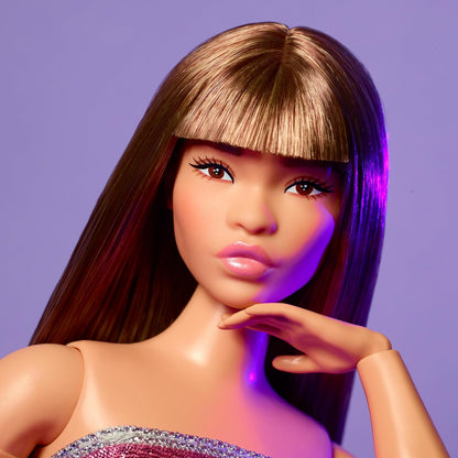 Barbie Looks Doll, Collectable Figure #24 with Brown Hair and Modern Y2K Fashion, Shimmering Strapless Dress with Peep Toe High Heels