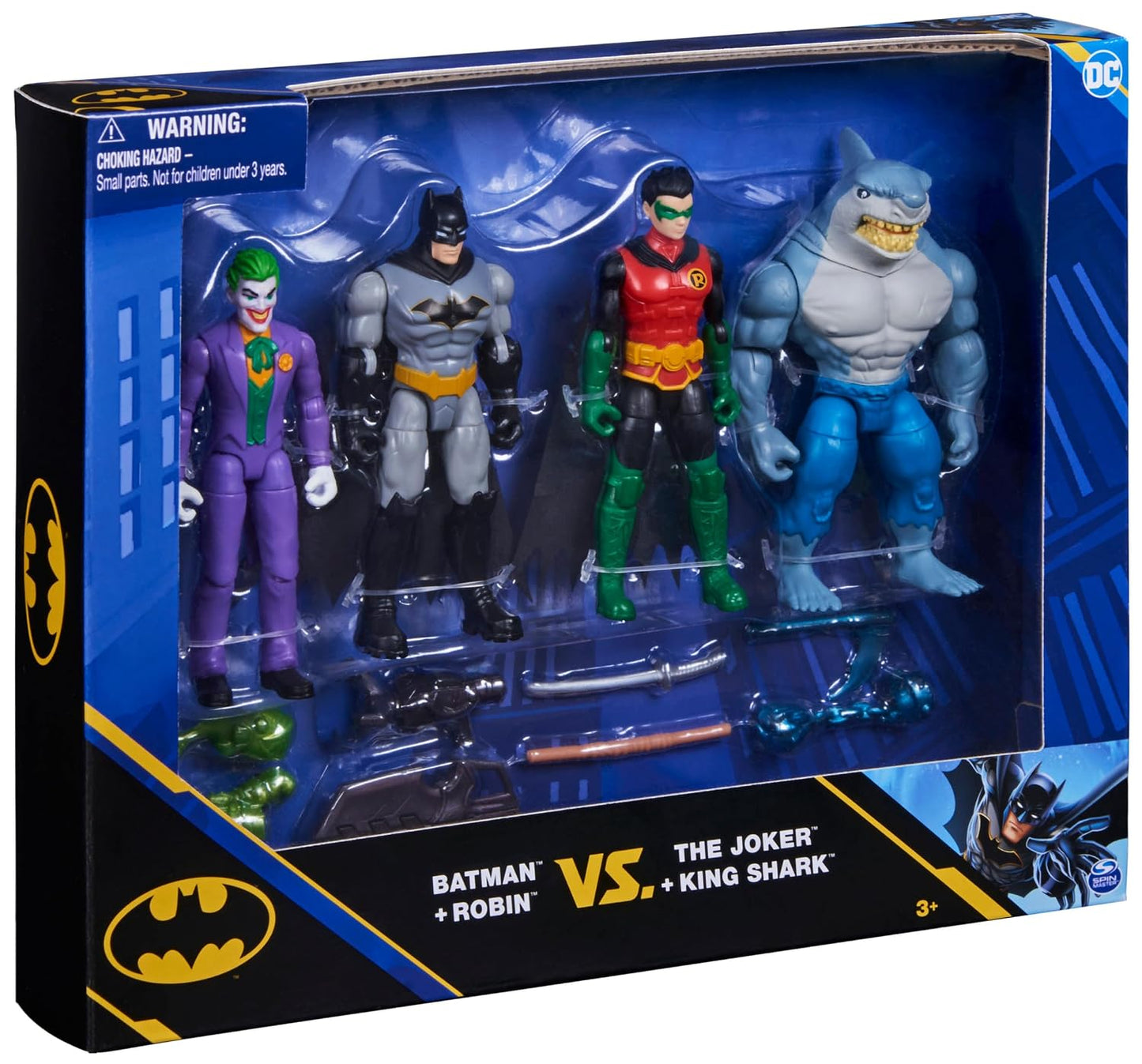 DC Comics, Batman and Robin vs The Joker and King Shark, 10 cm Action Figures