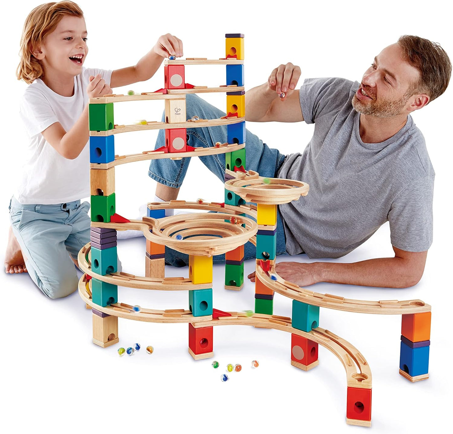 Hape Quadrilla Cyclone Wooden Marble Run Race Maze Construction Building Set| STEM Educational Learning Toys for Kids