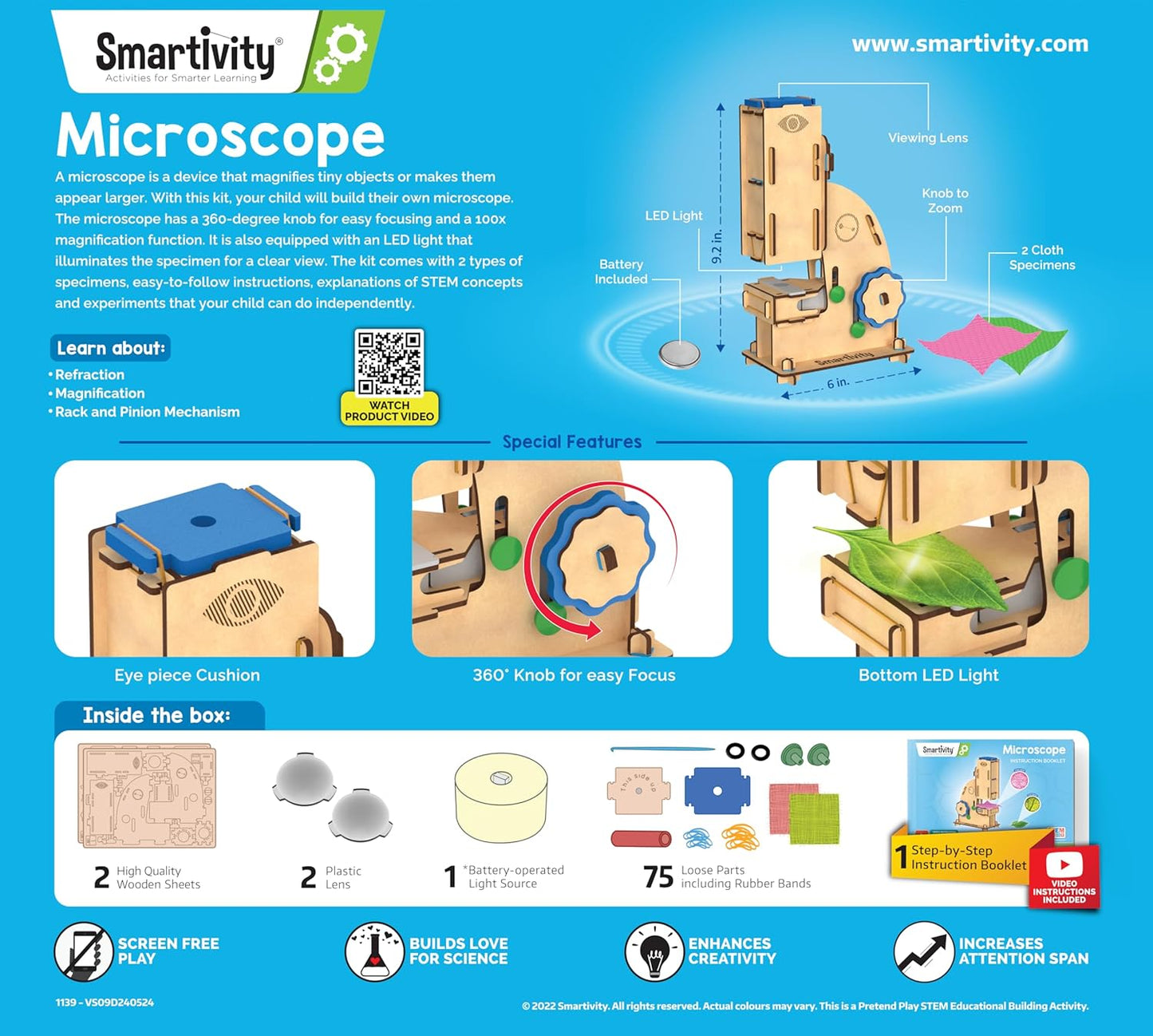 Smartivity DIY Microscope 100x Zoom Toy for Kids Age 8-10-12-14 Years Old(PACK OF 6)