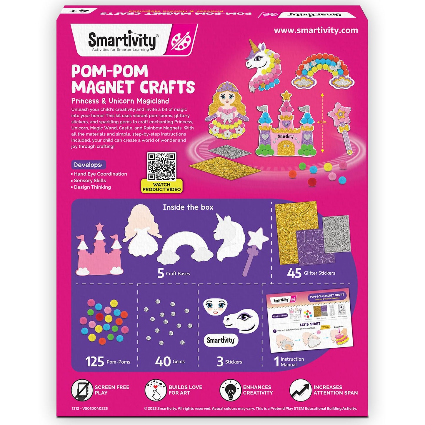 Smartivity Pom Pom Magnet Craft Kit for Kids Ages 4-10 | Princess and Unicorn Themed | Birthday Gift for Boys&Girls | Art&Craft Activity Kit for 4,5,6,7,8,9,10 Years(PACK OF 6)