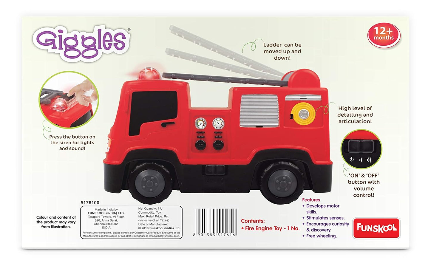Giggles Giggles, Fire Engine, Multicolour Vehicle With Lights And Sounds, Develops Motor Skills , 12 Months & Above, Infant And Preschool Toys (PACK OF 6)