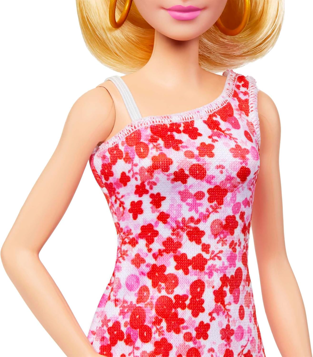 Barbie Fashionistas Doll #205 with Blonde Ponytail Wearing Removable Pink & Red Floral Dress, Platform Sandals & Hoop Earrings