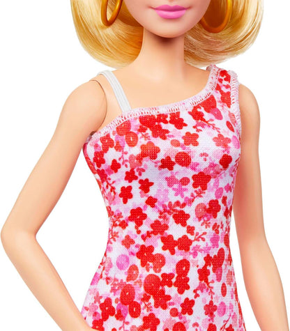 Barbie Fashionistas Doll #205 with Blonde Ponytail Wearing Removable Pink & Red Floral Dress, Platform Sandals & Hoop Earrings