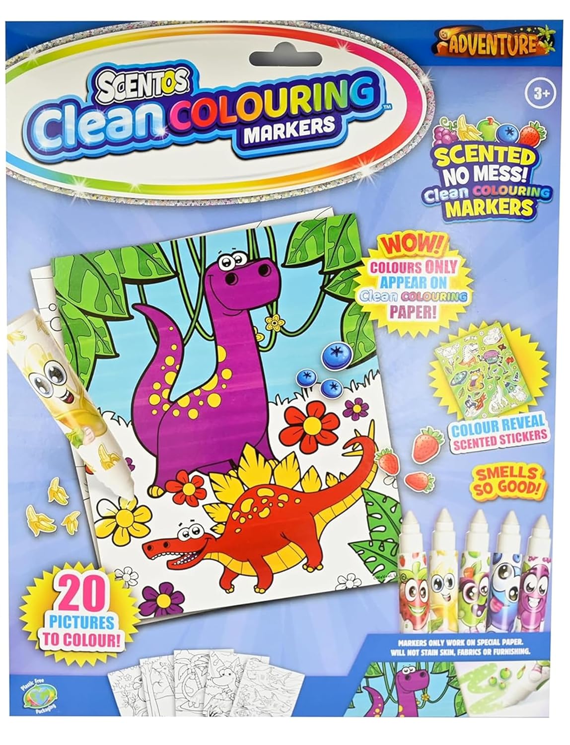 Scentos CleanColouring Markers Adventure Set By Fratelli | 20 pictures to color, Colour Reveal Stickers and 5 Scented Clean Colouring Markers(PACK OF 12)