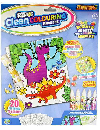 Scentos CleanColouring Markers Adventure Set By Fratelli | 20 pictures to color, Colour Reveal Stickers and 5 Scented Clean Colouring Markers(PACK OF 12)