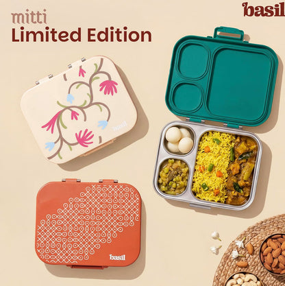 Basil Bento Box Quad Plus 3+1 Compartment Stainless Steel Lunch Box | Tanjore Kolam