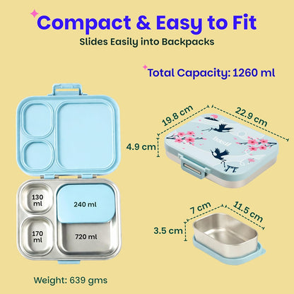 Basil Bento Box Quad Plus – 3+1 Compartment Stainless Steel Lunch Box, 1260 ml | Sakura Bloom