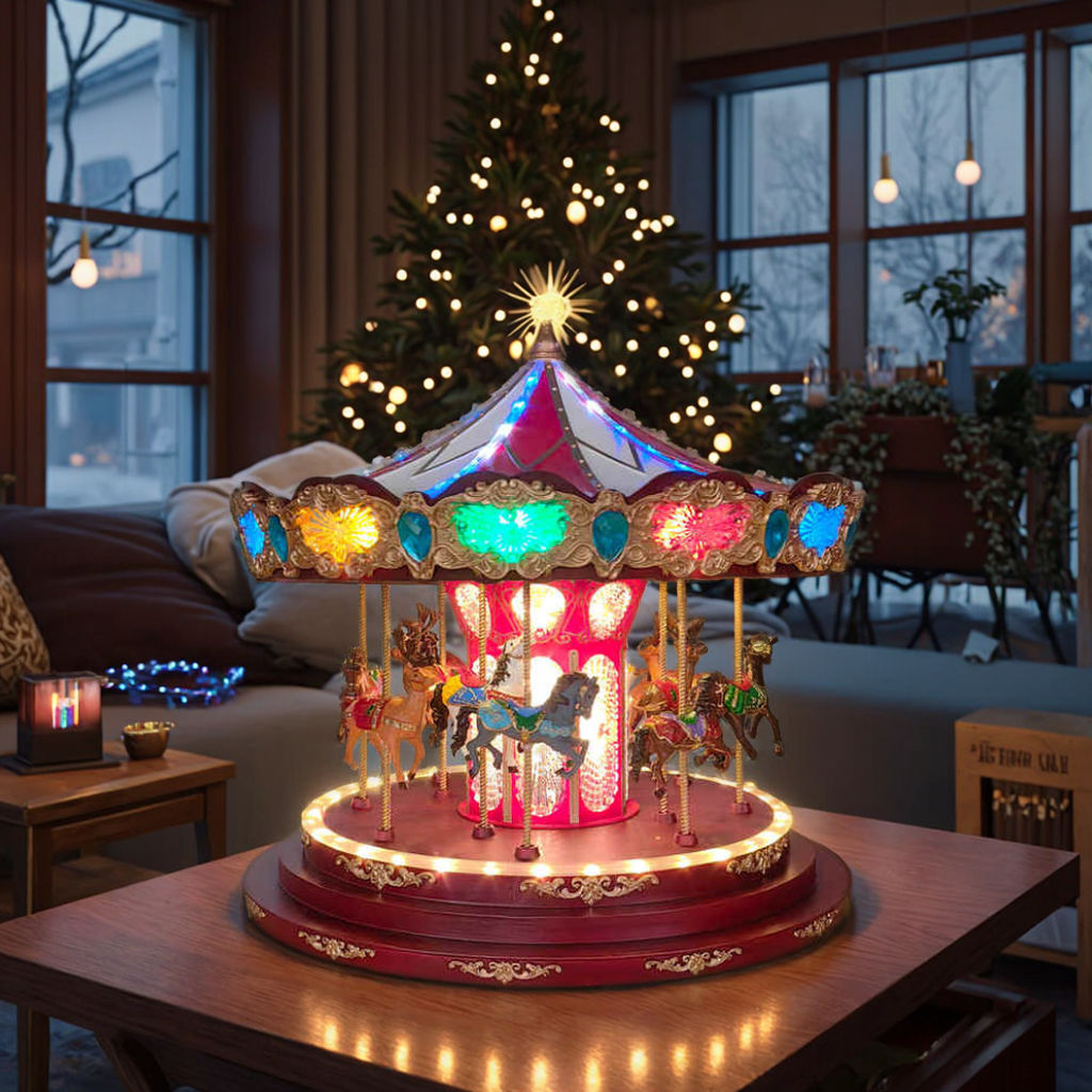 Deluxe Christmas Carousel , Musical Animated Christmas Decoration with  LED Lights , 1.5 Feet high